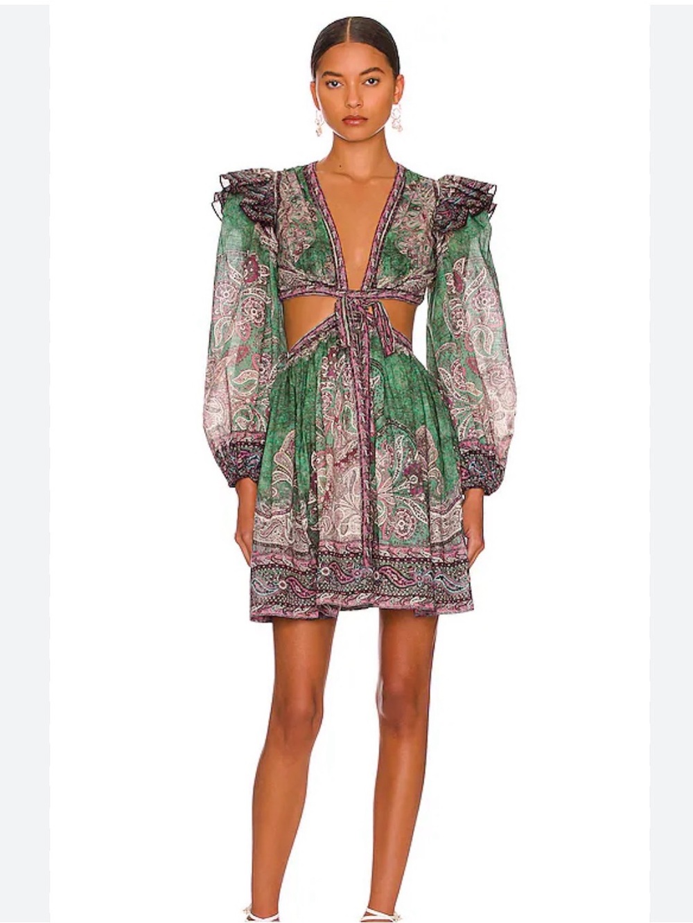 Zimmermann Green Paisley Cutout Mini Dress with Puff Sleeves